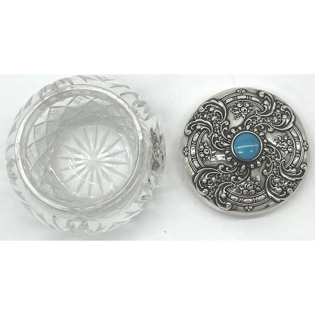 Transparent American Brilliant Cut Glass, Sterling & Turquoise Dresser Jar, by Whiting For Sale - Image 8 of 9