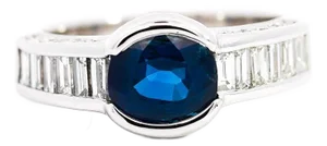 2 Carat Oval Blue Sapphire and Baguette Diamond Half Bezel Ring 18K White Gold, Size 8