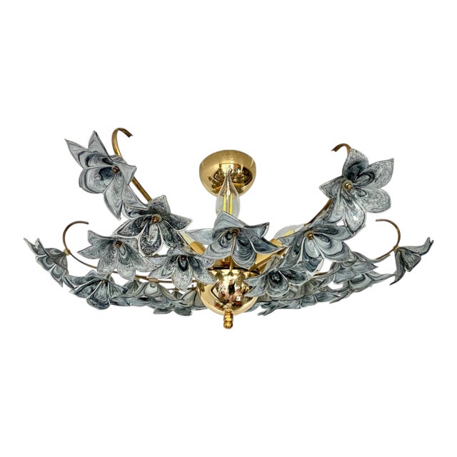 1980s Rare Black Murano Style Glass Floral Chandelier | Gothic Romantic Flush Mount Ceiling Light For Sale