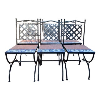 Mediterranean Style Wrought Iron and Cement Mosaic Garden Chairs, 1980s, Set of 6 For Sale