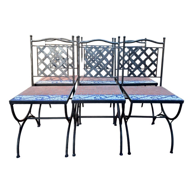 Mediterranean Style Wrought Iron and Cement Mosaic Garden Chairs, 1980s, Set of 6 For Sale
