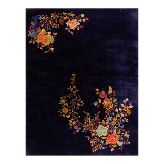1930s Black Floral Spray Antique Chinese Art Deco Carpet 8'10" X 11'6" Handknotted Wool Rug For Sale