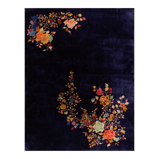 1930s Black Floral Spray Antique Chinese Art Deco Carpet 8'10" X 11'6" Handknotted Wool Rug For Sale