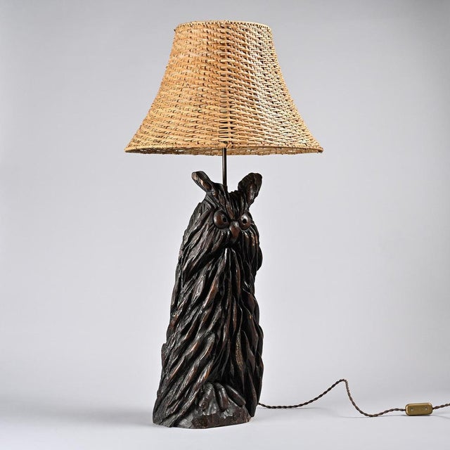 Carved Wood Owl Table Lamp from Beal, 1970s For Sale - Image 4 of 11