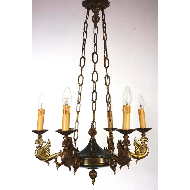 French Empire Brass Swan Chandelier from Unbekannt, 1940s For Sale - Image 4 of 15