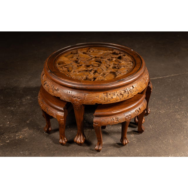 Chinese Antique Carved Chinese Nesting Tea Table With Four Stools For Sale - Image 3 of 9