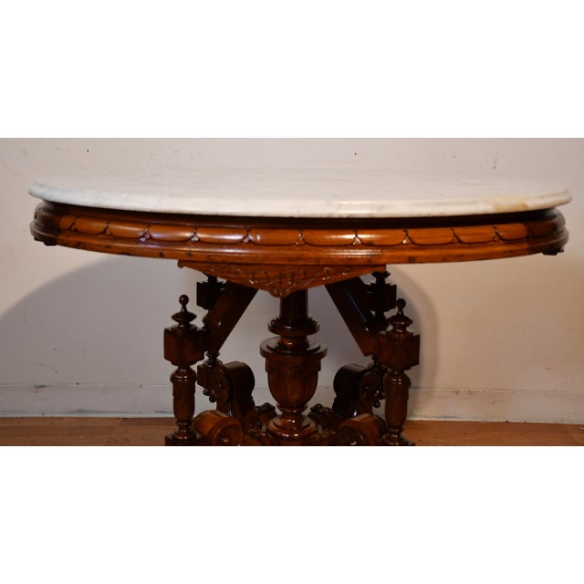 1880s Antique Victorian Renaissance Revival Walnut & Marble Top Center Table For Sale - Image 6 of 18
