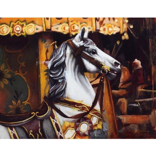 Carousel by Morgan Cameron | Oil on panel Horse on a carousel with decorative background For Sale