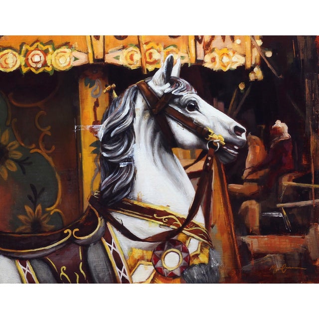 Carousel by Morgan Cameron | Oil on panel Horse on a carousel with decorative background For Sale