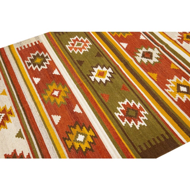 2020s Modern Kilim Handmade Multicolor Geometric Wool Rug For Sale In New York - Image 6 of 7