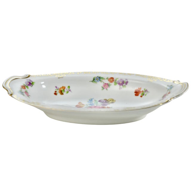 Hand painted eight inch vintage oval porcelain bowl tray catchall with a vibrant spring floral design in rose, purple,...