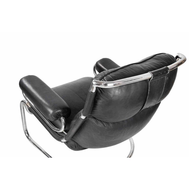 Metal Vintage Cantilever Leather Lounge Chair & Ottoman, 1970s, Set of 2 For Sale - Image 7 of 9