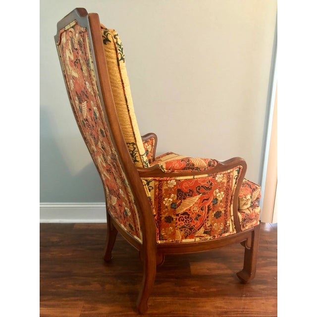 Chinoiserie Mid-Century Modern Red Asian Chinoiserie Upholstered Arm Chair For Sale - Image 3 of 13