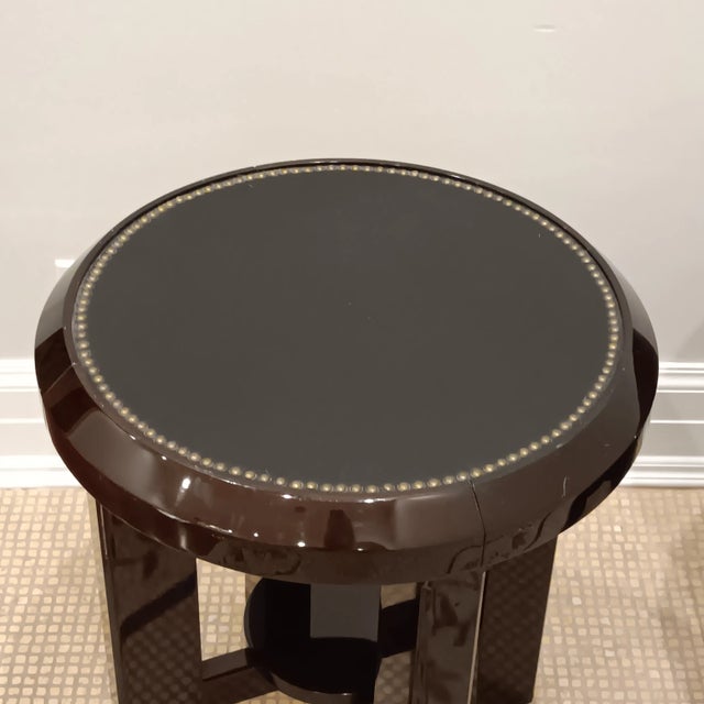 Mid-Century Modern Decca Home/Boiler Solid Wood Side Table Mahagony and High Gloss Base With a Matte Black Leather Top With Brass Nailhead Trim. For Sale - Image 3 of 18