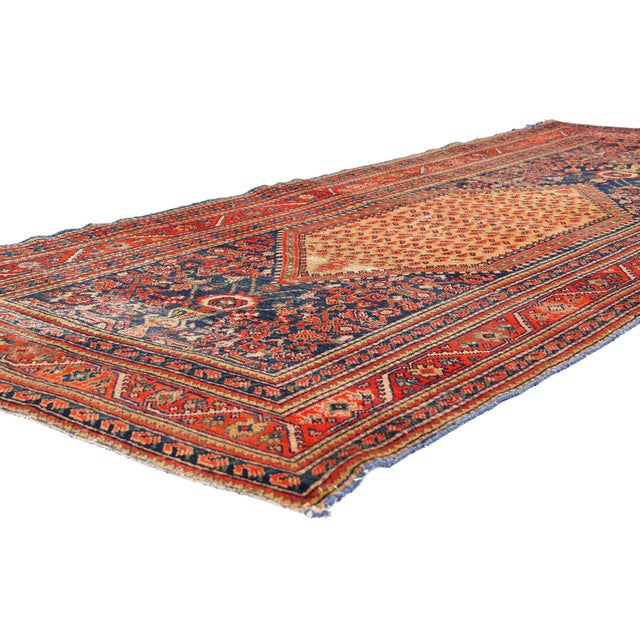 79452 Antique Persian Malayer Rug Runner, 04'02 x 09'08. The Indigo Axis: Late 19th Century Persian Malayer Masterpiece of...