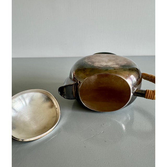 Wood 1930s Vintage Tea Pot Silverplate With Rattan Handle For Sale - Image 7 of 8