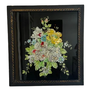 Tinsel Folk Art Painting of Flowers in Vintage Frame