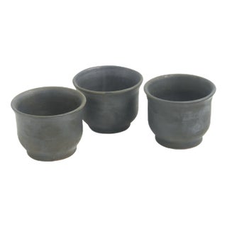 Japanese Minimalistic Black Burnt Raku Ceramics Earth Tea Cups by Laab Milano, Set of 3 For Sale
