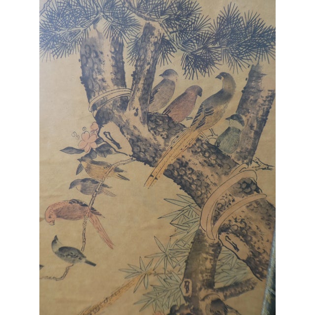 Brown Antique Oriental Birds and Flowers Scroll Painting For Sale - Image 8 of 9