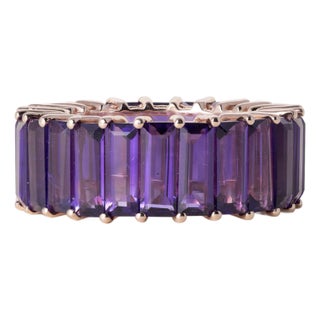 1990s Effy 14k Rose Gold 6 Carat Amethyst Elongated Baguette Cut Eternity Ring Band, Size 6.75 For Sale