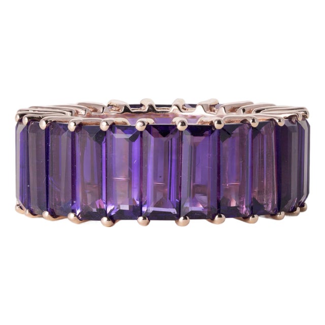 1990s Effy 14k Rose Gold 6 Carat Amethyst Elongated Baguette Cut Eternity Ring Band, Size 6.75 For Sale