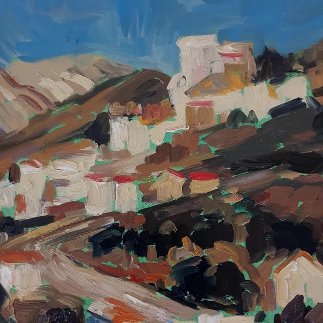Mid Century Modernist Hillside Village Oil Painting by y.b. Lorenz For Sale - Image 11 of 18