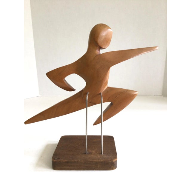 1950s Carved Wooden Sculpture of Leaping Man Mounted on Wood Base For Sale - Image 4 of 9