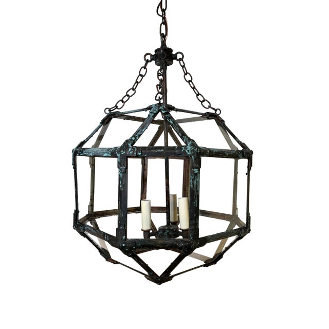 Mid 20th Century Octagonal Lantern Chandelier With Verdigris Finish and clear glass. H: 21.5" W: 15" D: 15" Overall height...