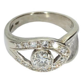 Mid 20th Century 14k White Gold Ring With 0.58ct Round Diamond and Openwork Design, Size 5.25 For Sale