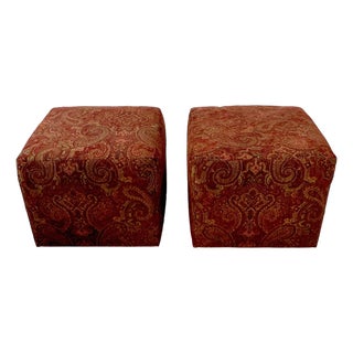 1980s Vintage Rustic European Italian Paisley Chenille Low Stools - A Pair For Sale