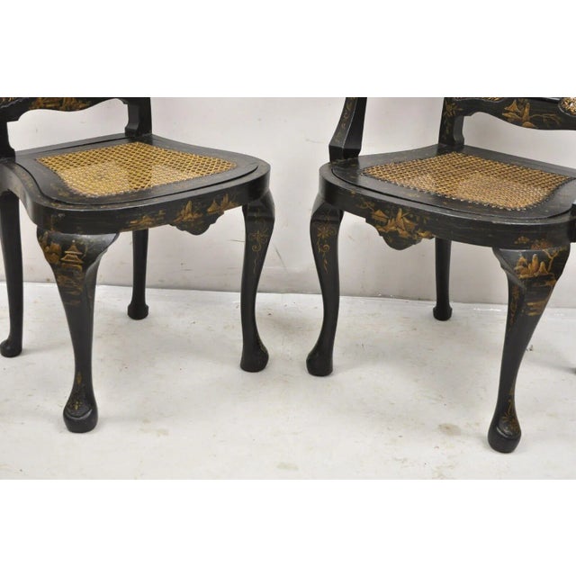 Wood Antique Chinoiserie Queen Anne Hand Painted Floral Cane Dining Chairs - Set of 4 For Sale - Image 7 of 12