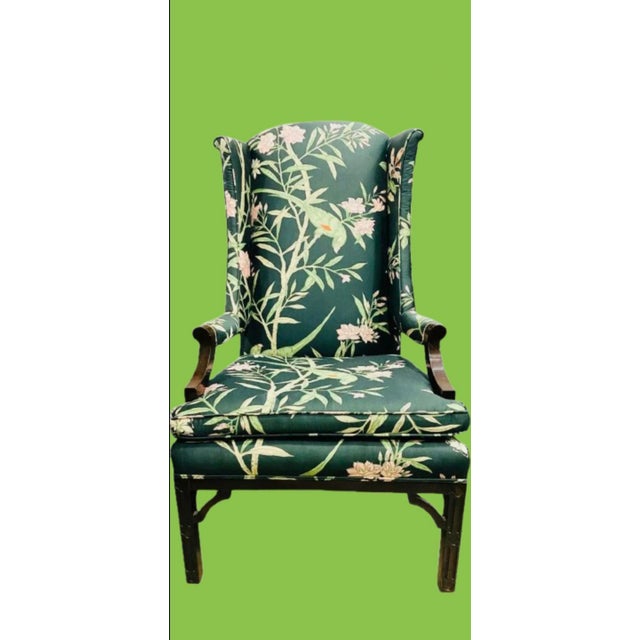 Bottle Green Vintage Chinoiserie Wingback Chair With New Tropical Upholstery. For Sale - Image 8 of 11