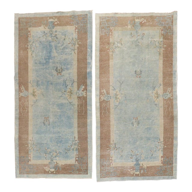Pair of Soft Blue Chinese Art Deco Rugs, 3' X 5'10'' For Sale
