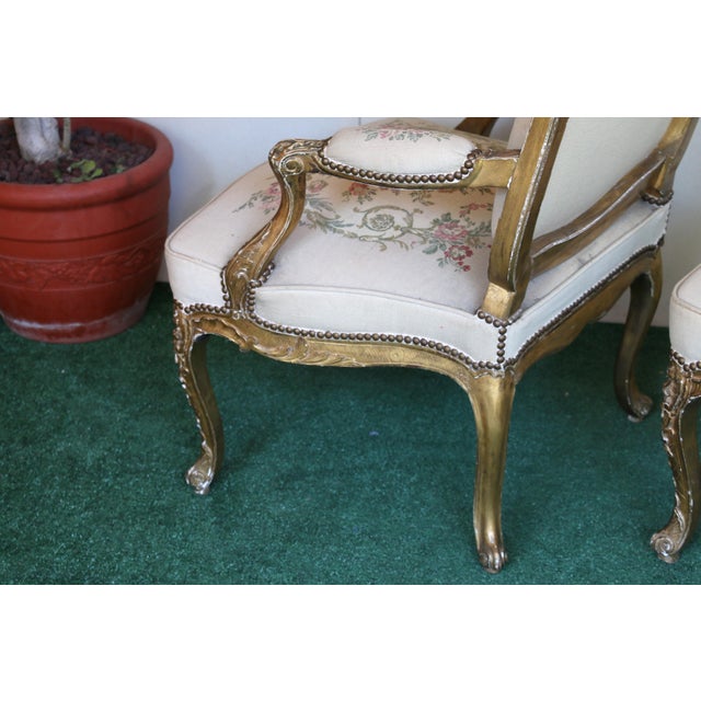 Antique Set of French Tapestry Gild Carved Gold Wood Arm Chairs Chairs & Sofa For Sale - Image 16 of 18