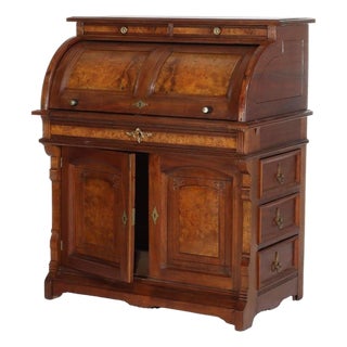 Antique Renaissance Revival Walnut & Burl Barrel Roll Top Desk C1890 For Sale