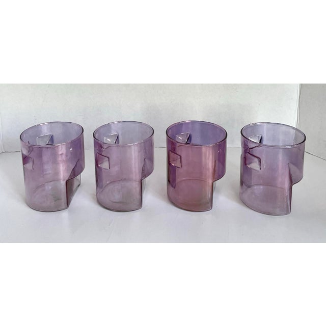 Set of 4 Postmodern Amethyst Glass Tumblers With Stepped Geometric Profile For Sale In Los Angeles - Image 6 of 8