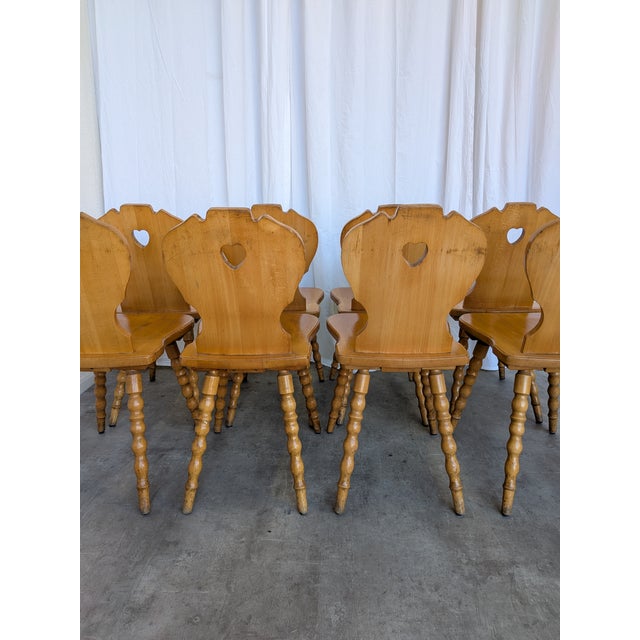 Vintage Tyrolean Farmhouse Heart Cutout Wooden Dining Chairs, 1970s, Set of 8 For Sale - Image 14 of 18
