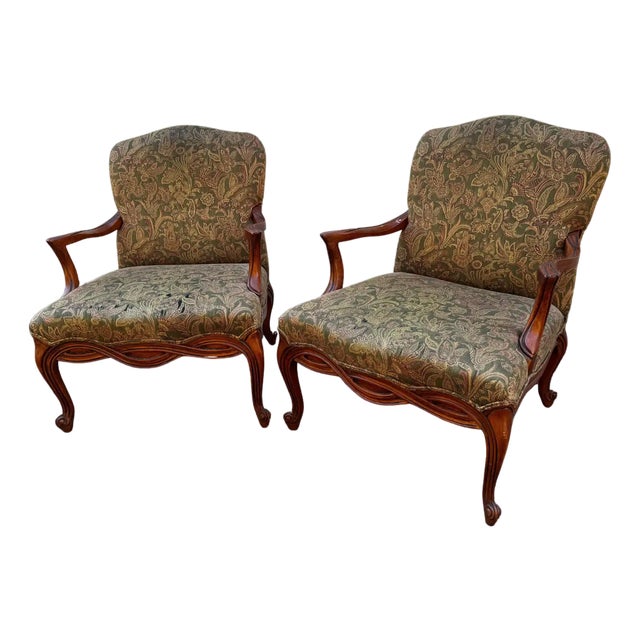 Pair of Upholstered Walnut French Provincial Style Bergeres For Sale