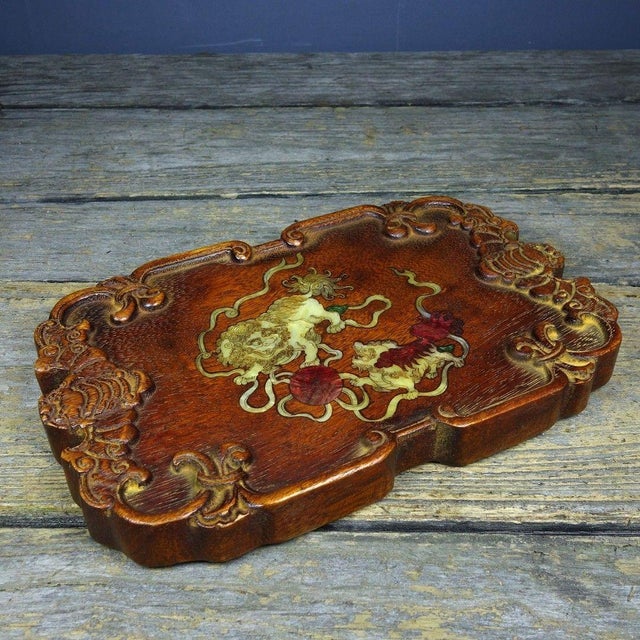 Wood Vintage Rosewood Tea Tray With Mother-of-Pearl Lion Inlay For Sale - Image 7 of 8