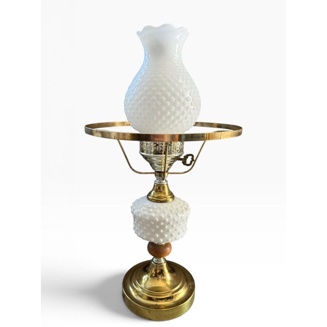 Mid-Century Modern Vintage Hobnail Milk Glass & Brass Hurricane Table Lamp With Turned Wood Accent For Sale - Image 3 of 10