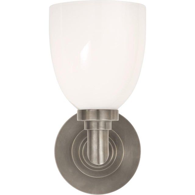 Wilton Single Bath Light in Antique Nickel with White Glass Designer: Chapman & Myers Height: 10.25" Extension: 8.75"...