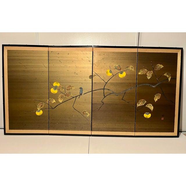 Vintage Japanese Four-Panel Byōbu Folding Silk Screen – Persimmon & Bird Motif – 36” x 71” Beautiful vintage Japanese...