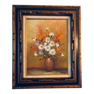 Vintage Original Art Acrylic Oil Painting Framed Moody Floral Vase Large Signed For Sale