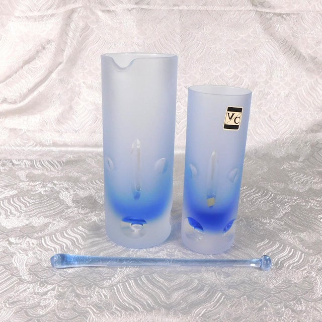 Contemporary 1970s Blue Cut to Clear Bar Ware Set With Serving Pitcher and Five Glasses - Set of 7 For Sale - Image 3 of 13