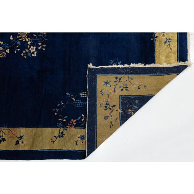Art Deco 1920s Antique Chinese Art Deco Wool Rug in Midnight Blue & Ochre Gold For Sale - Image 3 of 12