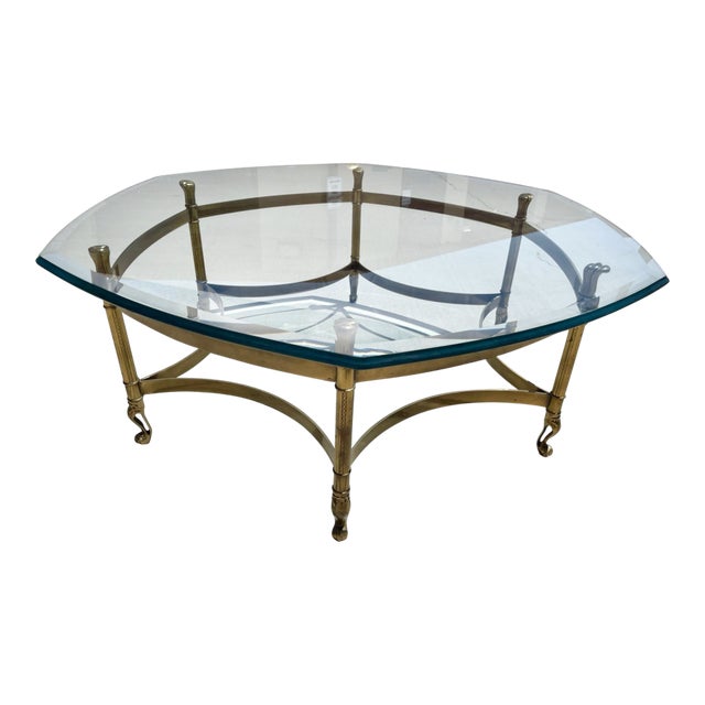 Hollywood Regency Weiman Brass/Glass Top Hexagonal Coffee Table For Sale