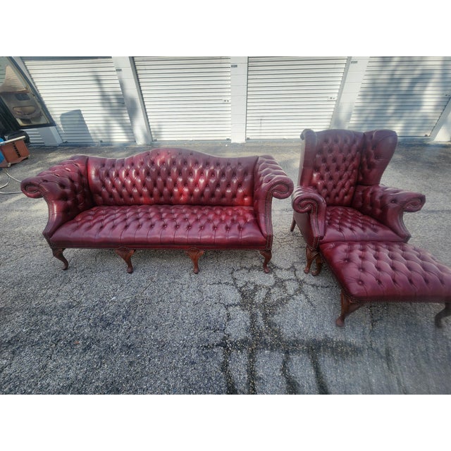 Vintage Carolina Leather House Oxblood Tufted Chesterfield Sofa, Wingback Chair & Ottoman - 3 Piece Set For Sale - Image 17 of 18