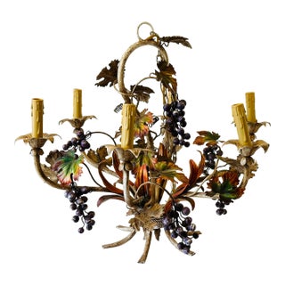1950s Italian Tole Metal Grapes Autumn Six Lights Chandelier For Sale