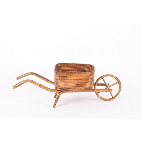 French Riviera Rattan Wheelbarrow Magazine Rack, Italy, 1960s For Sale - Image 6 of 16