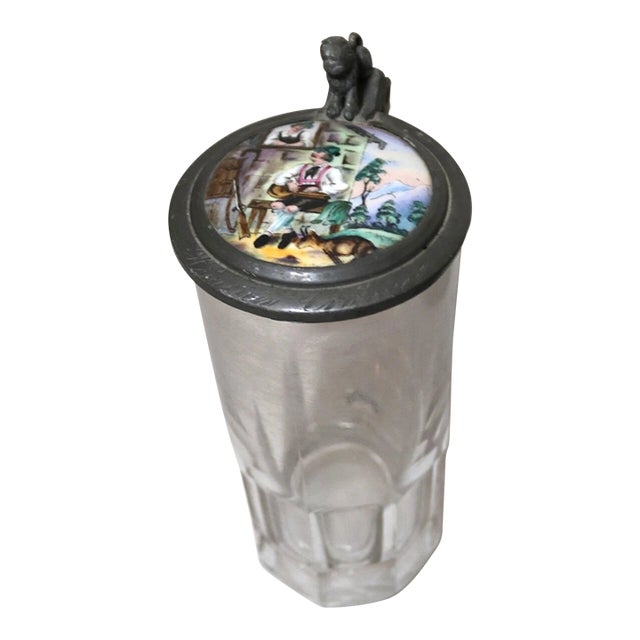 Antique 1800's Hand Painted Porcelain Glass Pewter German Lidded Beer Stein Mug For Sale